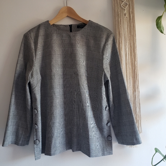 Zara Woman Glen Plaid Check Side Button Blouse Shirt Top Medium Houndstooth - Picture 2 of 10